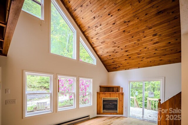 680 Timberlane Dr, Boone, NC 28607 - living area with wood ceiling, high vaulted ceiling, a glass covered fireplace, wood finished floors, and a baseboard heating unit