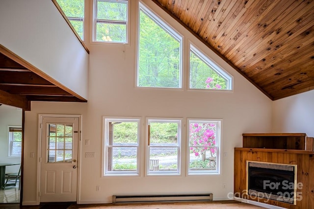 680 Timberlane Dr, Boone, NC 28607 - living area featuring a baseboard radiator, high vaulted ceiling, wood ceiling, baseboards, and a fireplace