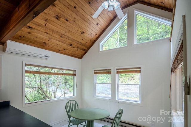 680 Timberlane Dr, Boone, NC 28607 - dining area with an AC wall unit, healthy amount of natural light, wood ceiling, high vaulted ceiling, and ceiling fan