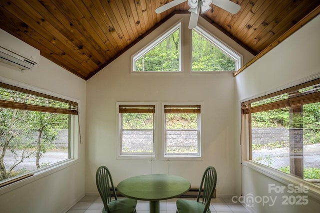 680 Timberlane Dr, Boone, NC 28607 - dining space featuring plenty of natural light, a wall unit AC, light tile patterned floors, wooden ceiling, and high vaulted ceiling