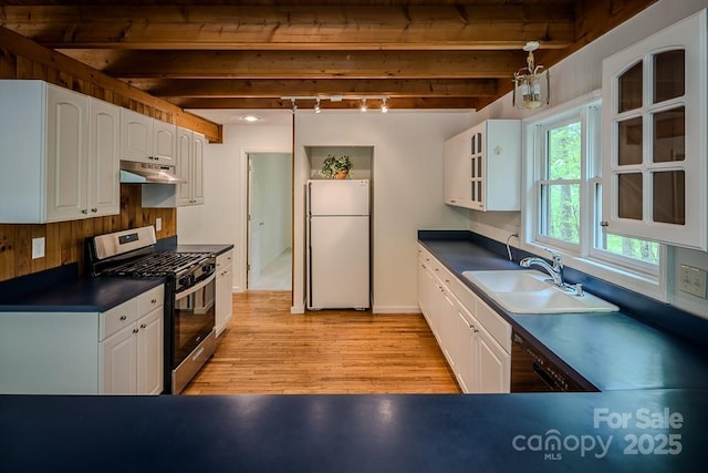 680 Timberlane Dr, Boone, NC 28607 - kitchen featuring freestanding refrigerator, stainless steel gas range, a sink, under cabinet range hood, and light wood-style flooring