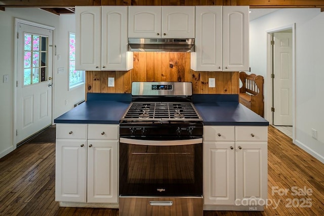 680 Timberlane Dr, Boone, NC 28607 - kitchen with gas range, under cabinet range hood, dark countertops, and dark wood finished floors