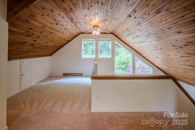 680 Timberlane Dr, Boone, NC 28607 - bonus room with a baseboard radiator, carpet floors, a ceiling fan, wood ceiling, and lofted ceiling