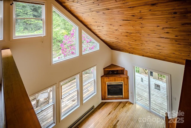 680 Timberlane Dr, Boone, NC 28607 - unfurnished living room with wood ceiling, lofted ceiling, light wood-style floors, and a glass covered fireplace