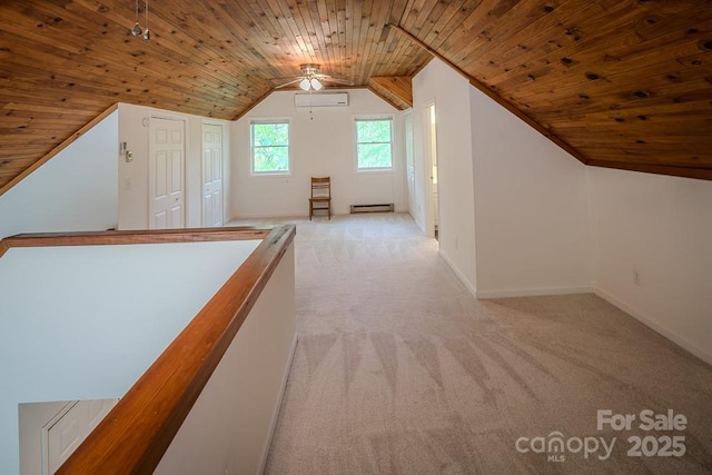 680 Timberlane Dr, Boone, NC 28607 - bonus room featuring light carpet, wood ceiling, ceiling fan, lofted ceiling, and a baseboard radiator