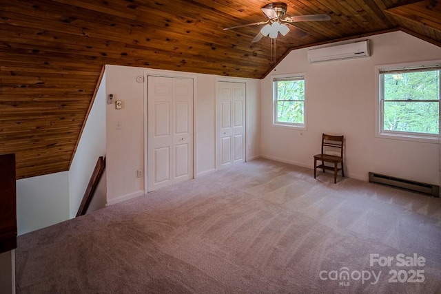 680 Timberlane Dr, Boone, NC 28607 - additional living space featuring a wall mounted AC, baseboard heating, wood ceiling, ceiling fan, and carpet flooring