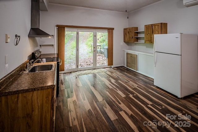 680 Timberlane Dr, Boone, NC 28607 - kitchen with freestanding refrigerator, open shelves, wall chimney range hood, a sink, and brown cabinets