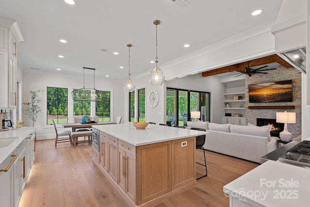 1405 Waxhaw Marvin Rd, Waxhaw, NC 28173 - kitchen featuring healthy amount of natural light, stainless steel microwave, a fireplace, recessed lighting, and light wood-style flooring
