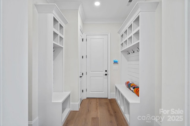 1405 Waxhaw Marvin Rd, Waxhaw, NC 28173 - mudroom featuring light wood-style flooring, crown molding, and recessed lighting