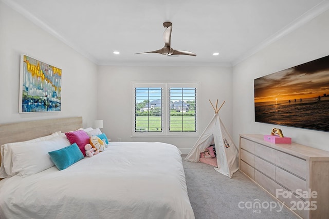 1405 Waxhaw Marvin Rd, Waxhaw, NC 28173 - bedroom with carpet, ornamental molding, a ceiling fan, and recessed lighting