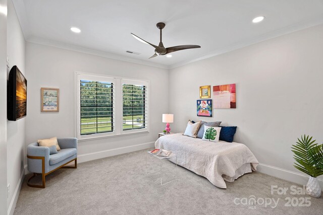 1405 Waxhaw Marvin Rd, Waxhaw, NC 28173 - carpeted bedroom featuring baseboards, recessed lighting, crown molding, and a ceiling fan