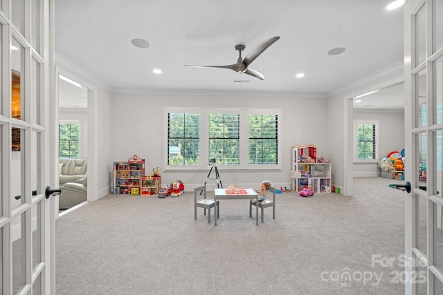 1405 Waxhaw Marvin Rd, Waxhaw, NC 28173 - game room featuring french doors, crown molding, carpet, recessed lighting, and a ceiling fan