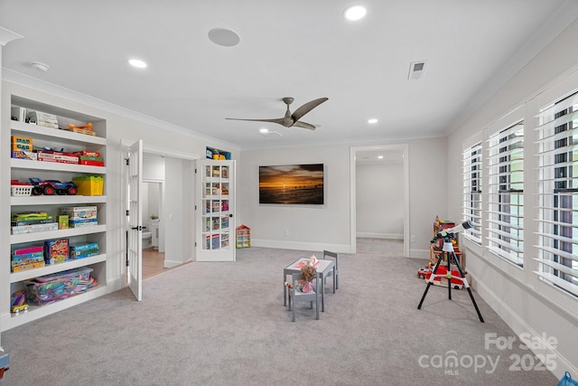 1405 Waxhaw Marvin Rd, Waxhaw, NC 28173 - recreation room featuring recessed lighting, crown molding, carpet flooring, and a ceiling fan