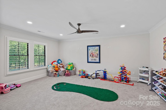 1405 Waxhaw Marvin Rd, Waxhaw, NC 28173 - playroom with carpet, ceiling fan, recessed lighting, ornamental molding, and baseboards