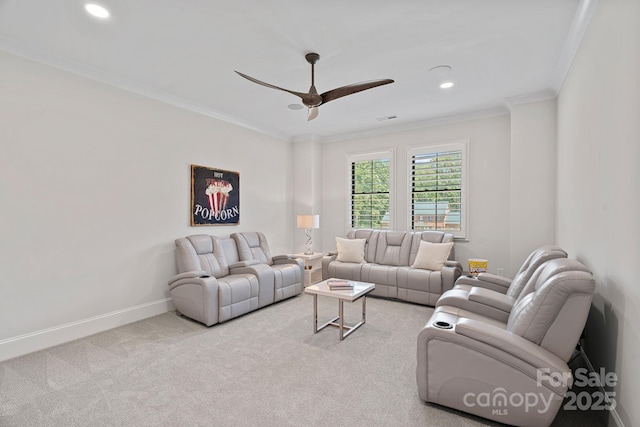 1405 Waxhaw Marvin Rd, Waxhaw, NC 28173 - carpeted living room featuring a ceiling fan, crown molding, baseboards, and recessed lighting