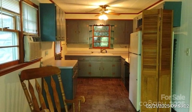 33 Horse Cove Rd, Canton, NC 28716 - kitchen featuring freestanding refrigerator, a sink, ceiling fan, light countertops, and cooling unit