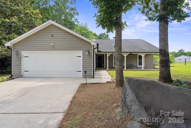 3807 Sweetgrass Ln, Charlotte, NC 28226 - single story home featuring concrete driveway, a garage, a porch, roof with shingles, and a front yard