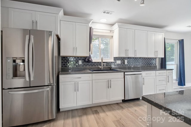 3807 Sweetgrass Ln, Charlotte, NC 28226 - kitchen featuring appliances with stainless steel finishes, a sink, backsplash, light wood-type flooring, and white cabinets