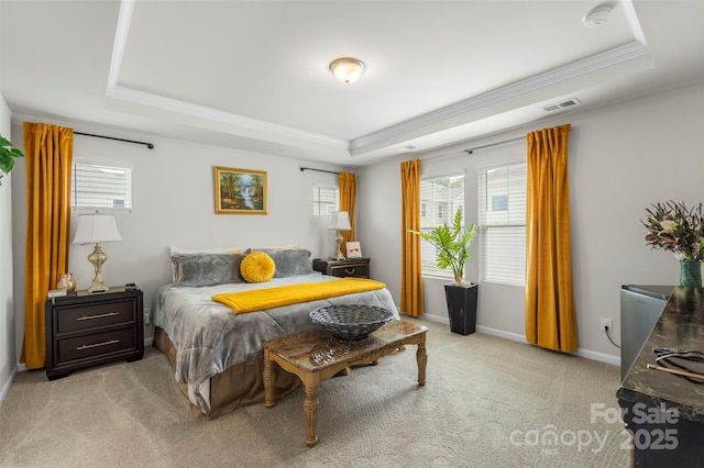 13327 Savaine St, Charlotte, NC 28278 - bedroom with a raised ceiling, crown molding, light carpet, and baseboards