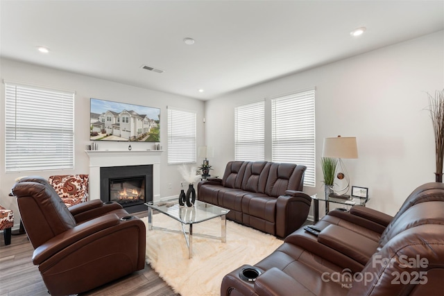 13327 Savaine St, Charlotte, NC 28278 - living room with wood finished floors, a glass covered fireplace, and recessed lighting