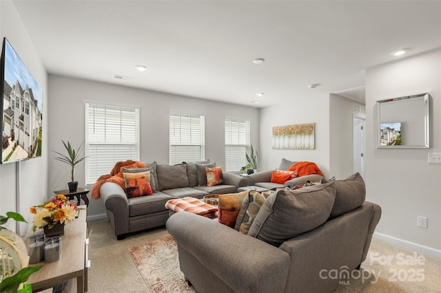 13327 Savaine St, Charlotte, NC 28278 - living room with light carpet, healthy amount of natural light, baseboards, and recessed lighting