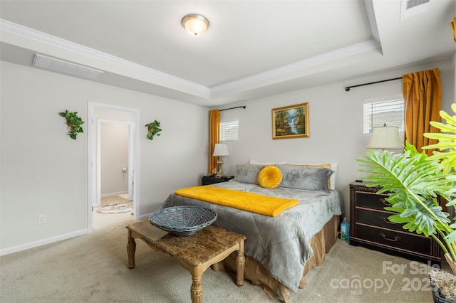 13327 Savaine St, Charlotte, NC 28278 - bedroom with a raised ceiling, crown molding, light colored carpet, and baseboards