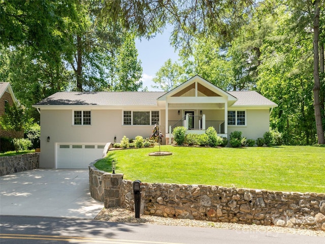 330 Balsam Rd, Hendersonville, NC 28792 - ranch-style home with driveway, a garage, a front yard, and stucco siding