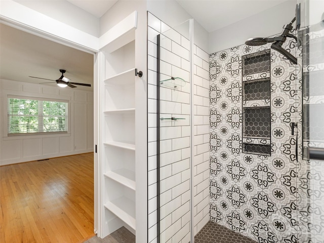 330 Balsam Rd, Hendersonville, NC 28792 - full bathroom featuring wood finished floors, walk in shower, and a ceiling fan