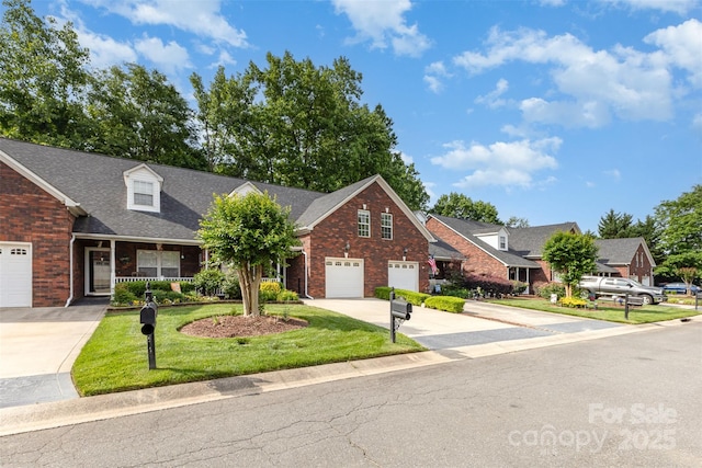 121 Quality Dr, Mount Holly, NC 28120 - view of front of home featuring concrete driveway, brick siding, a front yard, an attached garage, and a shingled roof