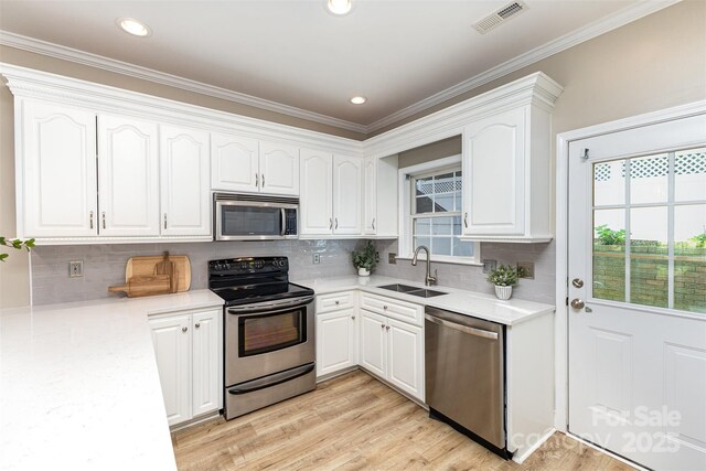 121 Quality Dr, Mount Holly, NC 28120 - kitchen featuring appliances with stainless steel finishes, a sink, white cabinetry, healthy amount of natural light, and ornamental molding