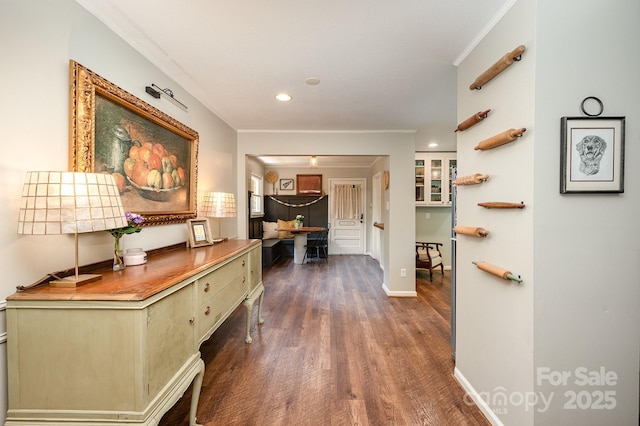 418 Melody Ln, Shelby, NC 28152 - corridor with dark wood-style floors, recessed lighting, crown molding, a desk, and baseboards
