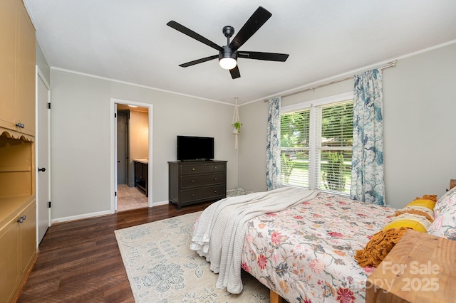 418 Melody Ln, Shelby, NC 28152 - bedroom featuring wood finished floors, ornamental molding, baseboards, ceiling fan, and connected bathroom