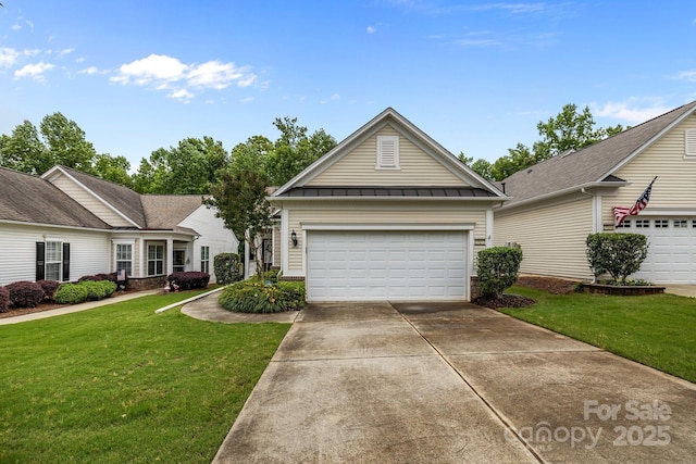 19157 Mallard Dr, Fort Mill, SC 29707 - ranch-style home with a front yard, concrete driveway, a garage, and a standing seam roof
