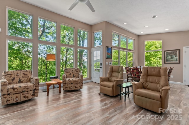 145 Old Still Rd, Maggie Valley, NC 28751 - living area featuring light wood-type flooring, a ceiling fan, recessed lighting, and baseboards