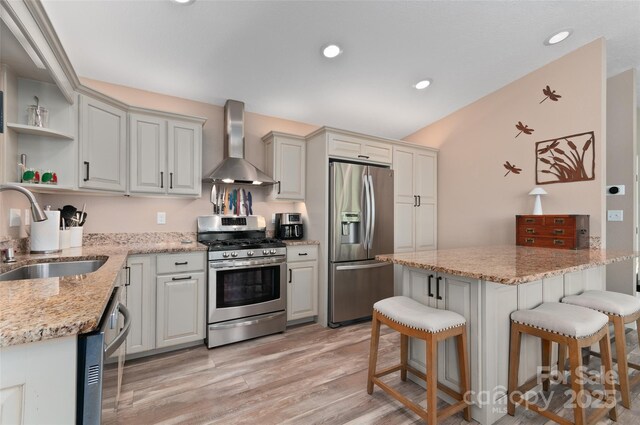 145 Old Still Rd, Maggie Valley, NC 28751 - kitchen with appliances with stainless steel finishes, wall chimney exhaust hood, a sink, open shelves, and a kitchen bar