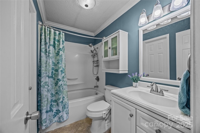 7830 Sarah Dr, Denver, NC 28037 - bathroom with a textured ceiling, shower / bath combo, vanity, ornamental molding, and toilet