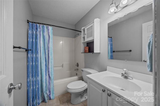 7830 Sarah Dr, Denver, NC 28037 - bathroom featuring vanity, shower / tub combo, toilet, tile patterned flooring, and a textured ceiling