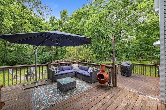 7830 Sarah Dr, Denver, NC 28037 - wooden deck featuring an outdoor living space, area for grilling, and view of wooded area