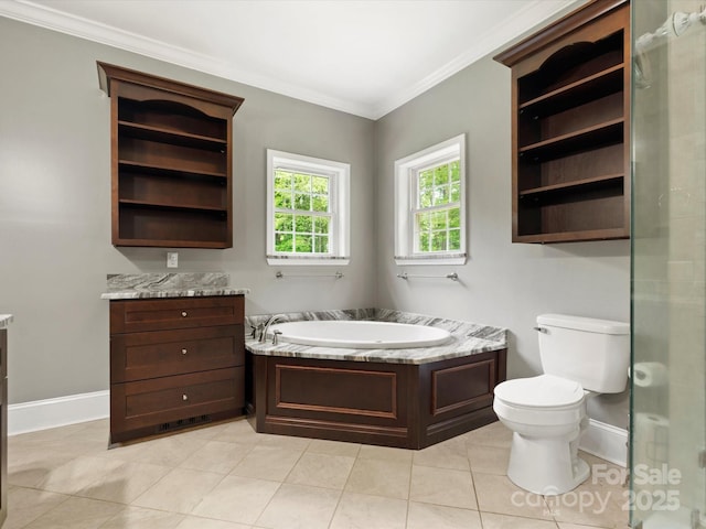 1010 Arabian Farm Rd, Clover, SC 29710 - bathroom featuring vanity, ornamental molding, a garden tub, baseboards, and a stall shower