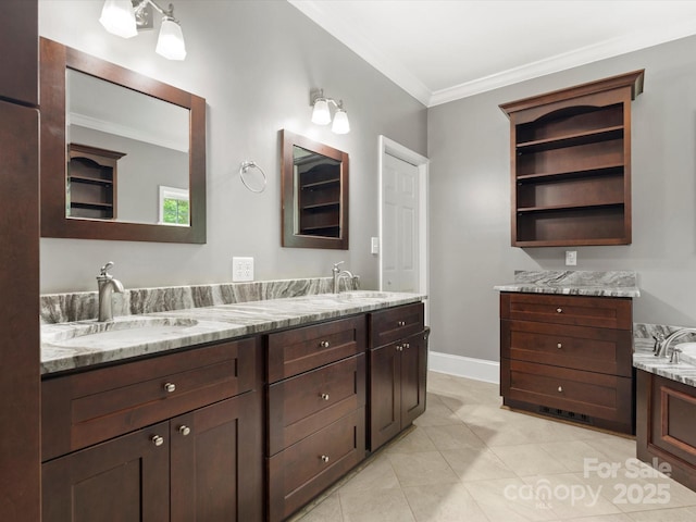 1010 Arabian Farm Rd, Clover, SC 29710 - full bathroom featuring double vanity, ornamental molding, baseboards, and tile patterned flooring