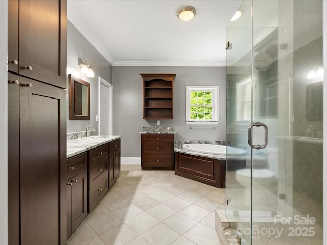 1010 Arabian Farm Rd, Clover, SC 29710 - full bathroom featuring crown molding, vanity, a stall shower, a garden tub, and tile patterned flooring
