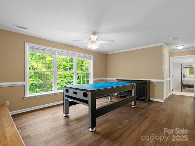 1010 Arabian Farm Rd, Clover, SC 29710 - recreation room featuring a ceiling fan, dark wood finished floors, baseboards, and ornamental molding