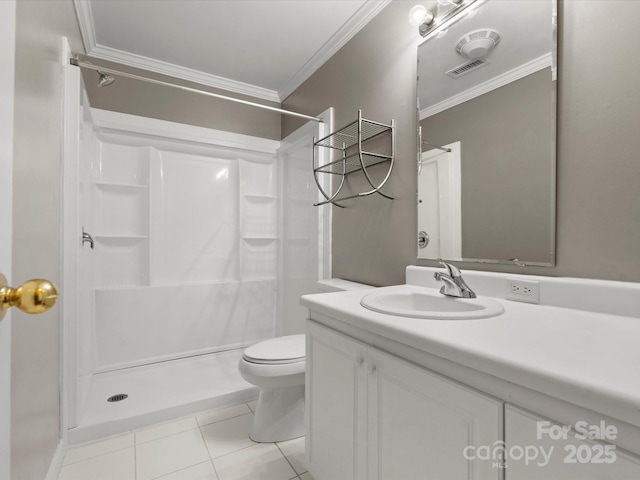 1010 Arabian Farm Rd, Clover, SC 29710 - bathroom with a shower, crown molding, tile patterned flooring, vanity, and toilet