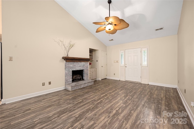 172 Valleybrook Dr Unit 8, Denver, NC 28037 - unfurnished living room featuring wood finished floors, ceiling fan, a fireplace, and high vaulted ceiling
