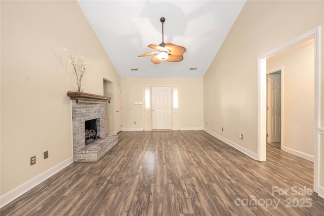 172 Valleybrook Dr Unit 8, Denver, NC 28037 - unfurnished living room with vaulted ceiling, a ceiling fan, dark wood finished floors, and a fireplace