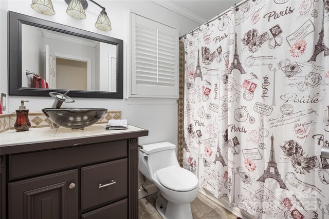 172 Valleybrook Dr Unit 8, Denver, NC 28037 - bathroom featuring ornamental molding, vanity, curtained shower, and tile patterned flooring