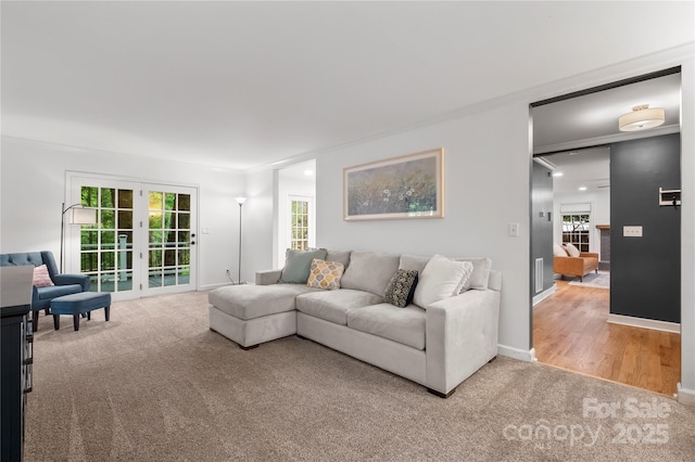 5016 Celeste Ct, Charlotte, NC 28270 - living area featuring carpet floors, french doors, baseboards, and crown molding