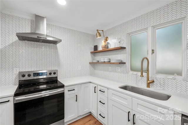 5016 Celeste Ct, Charlotte, NC 28270 - kitchen with stainless steel electric range oven, wall chimney range hood, a sink, crown molding, and open shelves