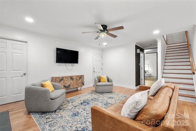 5016 Celeste Ct, Charlotte, NC 28270 - living area featuring ceiling fan, crown molding, stairway, recessed lighting, and light wood-style floors