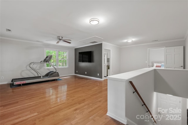 5016 Celeste Ct, Charlotte, NC 28270 - workout area with a ceiling fan, ornamental molding, light wood-style flooring, baseboards, and attic access